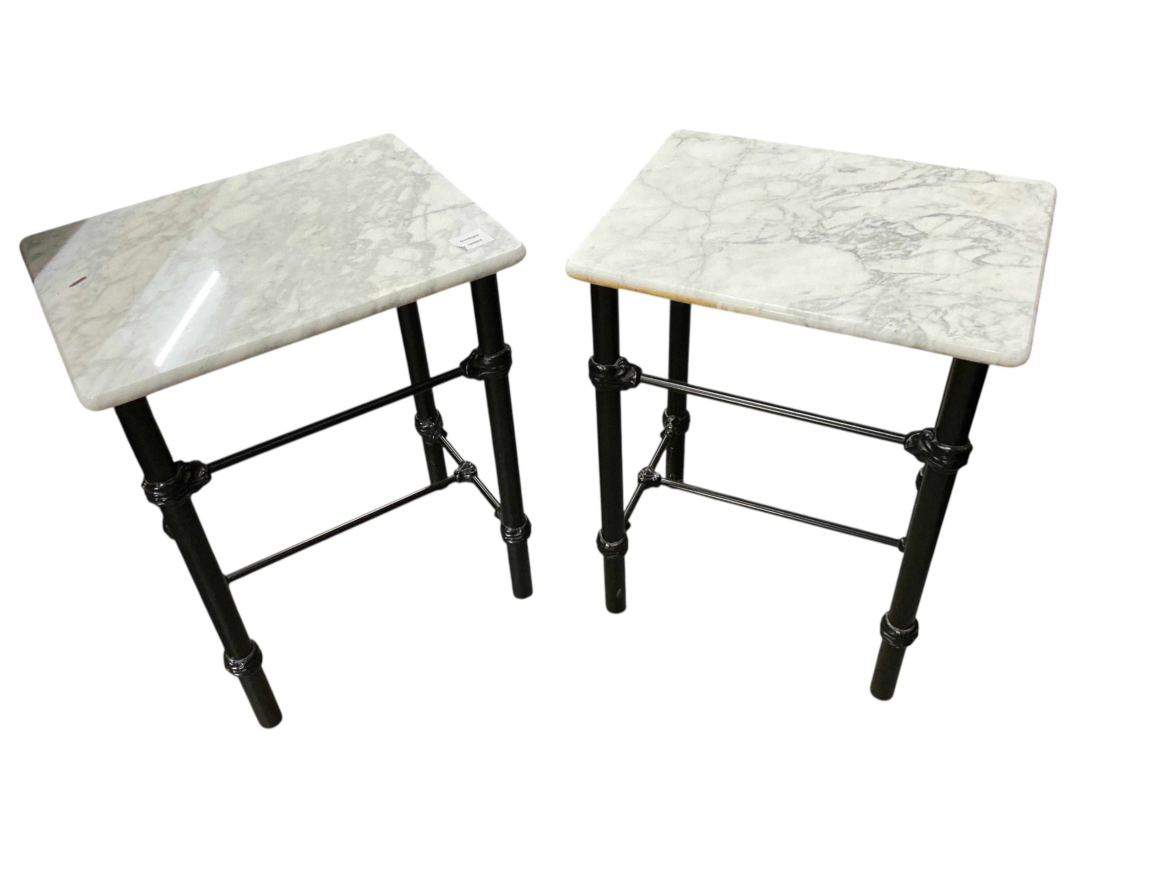 A pair of rectangular reconstituted marble and cast metal occasional tables, width 46cm, depth 35cm, height 59cm
